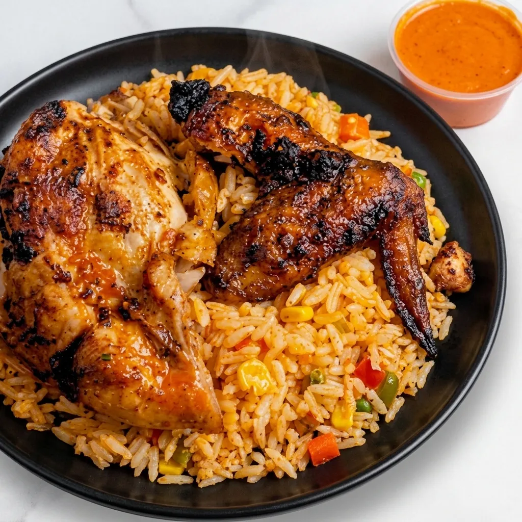 Half chicken platter with piri piri rice and a side of house-made piri piri sauce at Poyos Chicken London Ontario