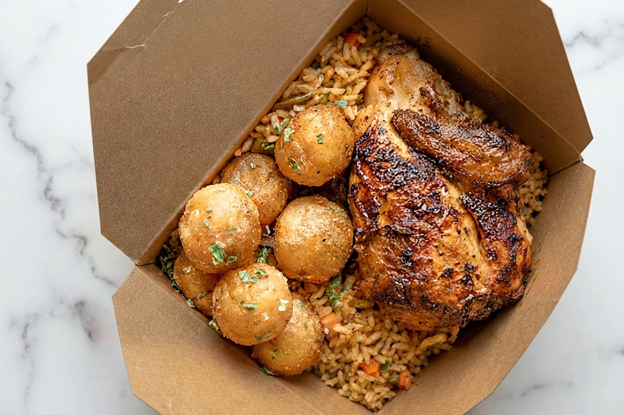 Quarter Chicken Bowl with piri piri rotisserie chicken at Poyos Chicken in London, Ontario